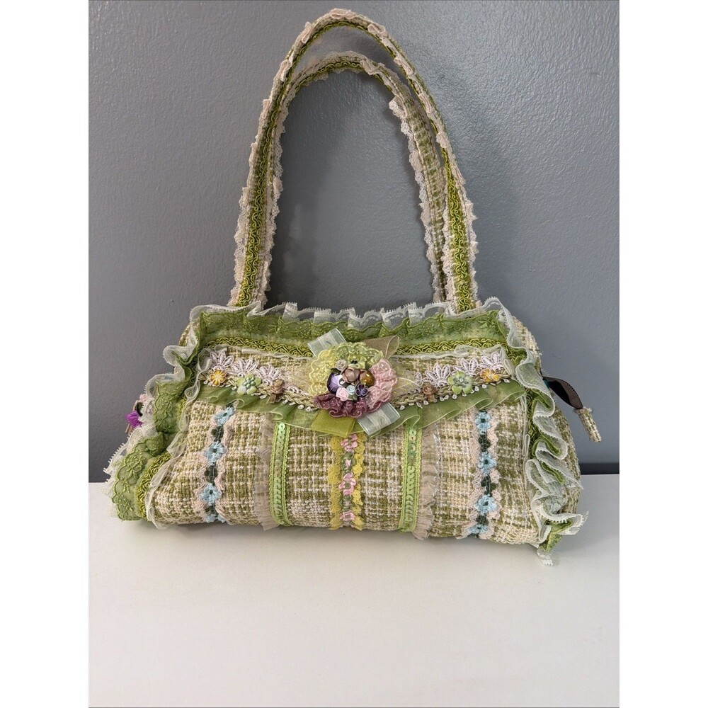 Decorative Malina Purse Embroidered lace embellished Double handle zip Handbag